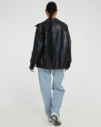 Women's Oversized Leather Biker Jacket with Zipper