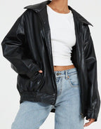 Women's Oversized Leather Biker Jacket with Zipper