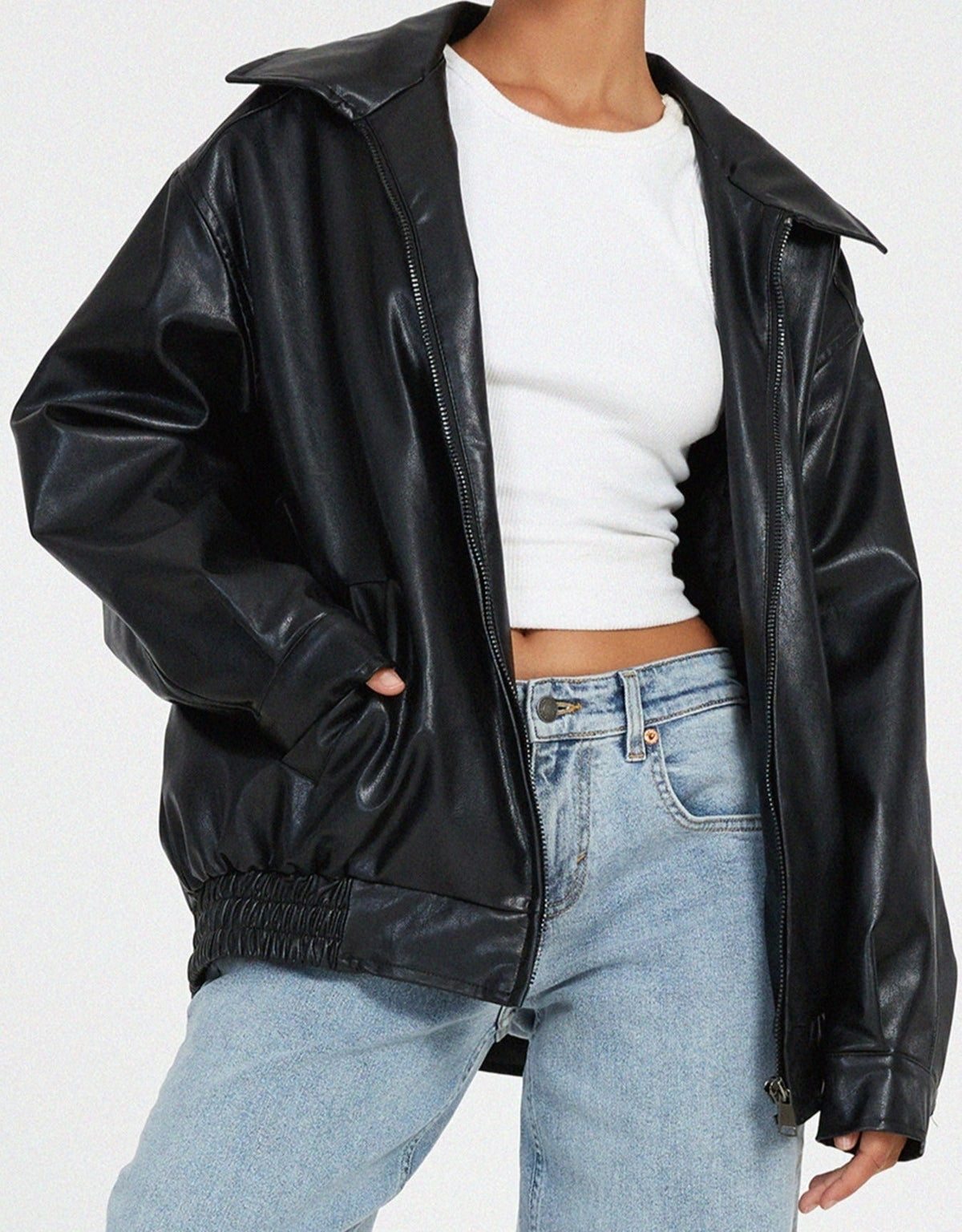 Chaqueta de Cuero Oversize Biker Mujer Cremallera