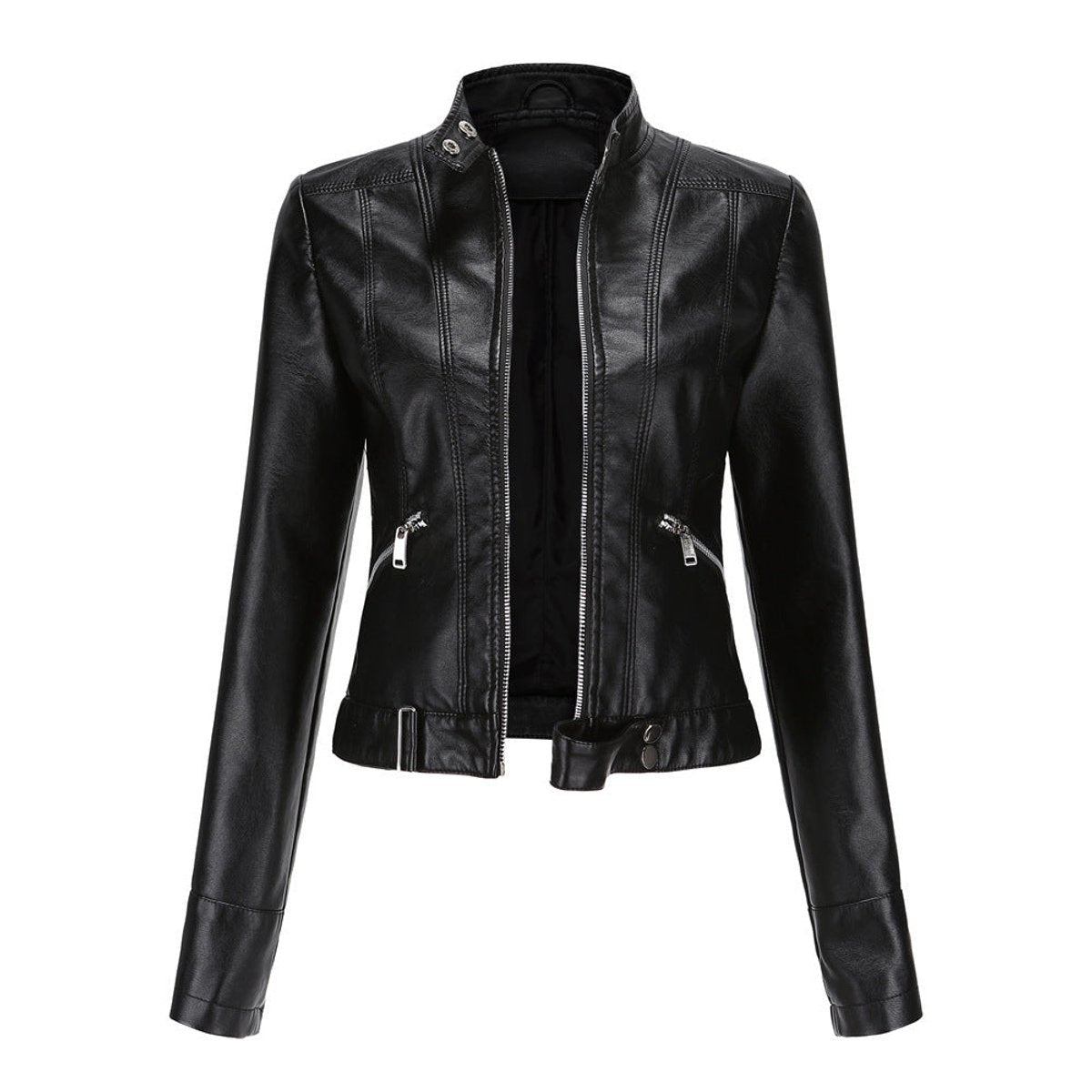 Chaqueta Motera Mujer de Polipiel Cuello Mao Cremallera