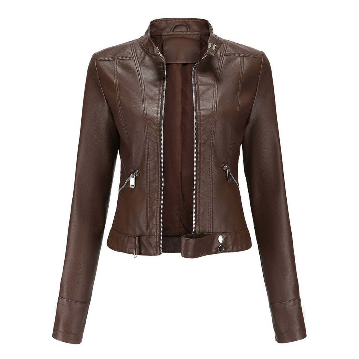 Chaqueta Motera Mujer de Polipiel Cuello Mao Cremallera