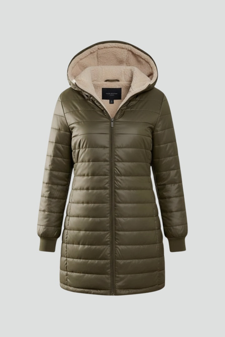 Chaquetón Acolchado Largo Mujer con Capucha Forro Sherpa