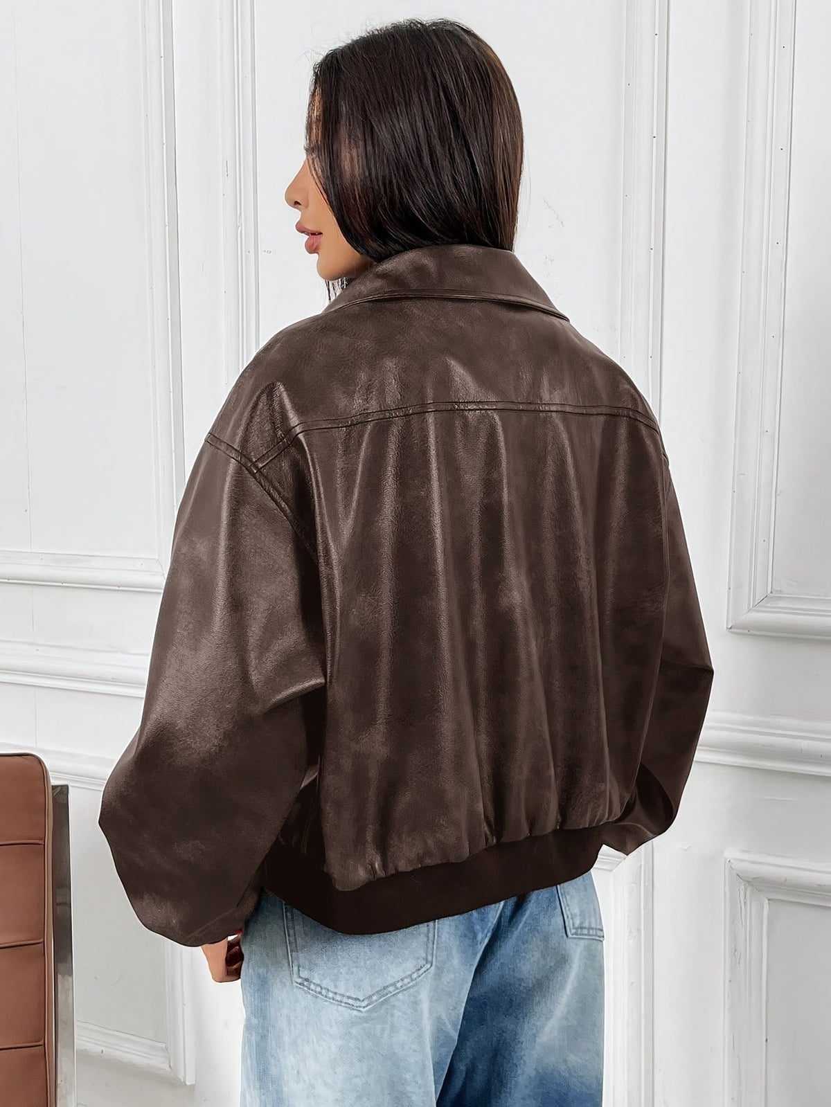Cazadora de Cuero Mujer Cremallera Solapa