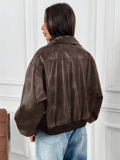 Cazadora de Cuero Mujer Cremallera Solapa
