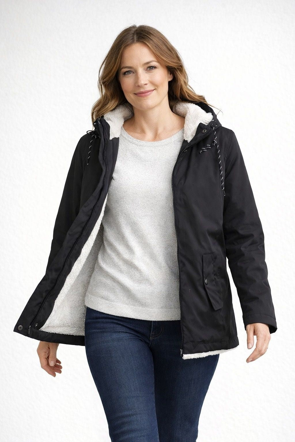 Chaqueta Impermeable con Forro Borreguito Mujer con Capucha