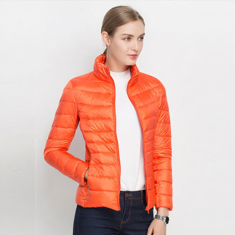Chaqueta Acolchada de Plumón Ligera Mujer Cuello Mao Cremallera