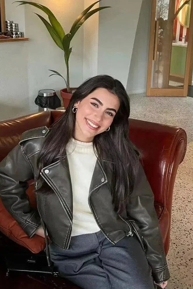 Chaqueta Motera de Polipiel Mujer Corta con Cinturón