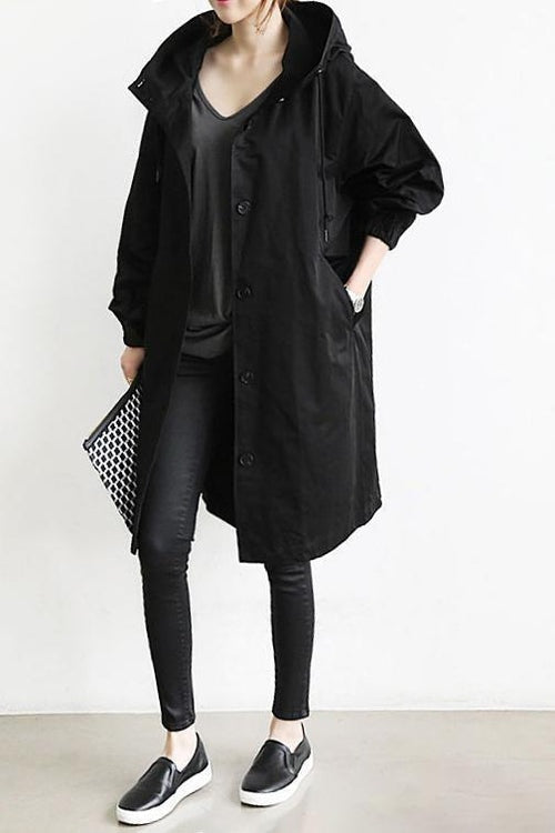 Chaqueta Larga con Capucha Mujer Botones Manga 3/4