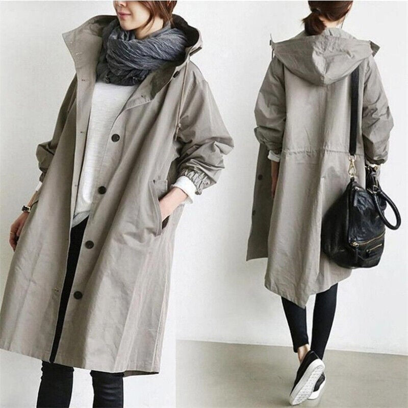 Chaqueta Larga con Capucha Mujer Botones Manga 3/4