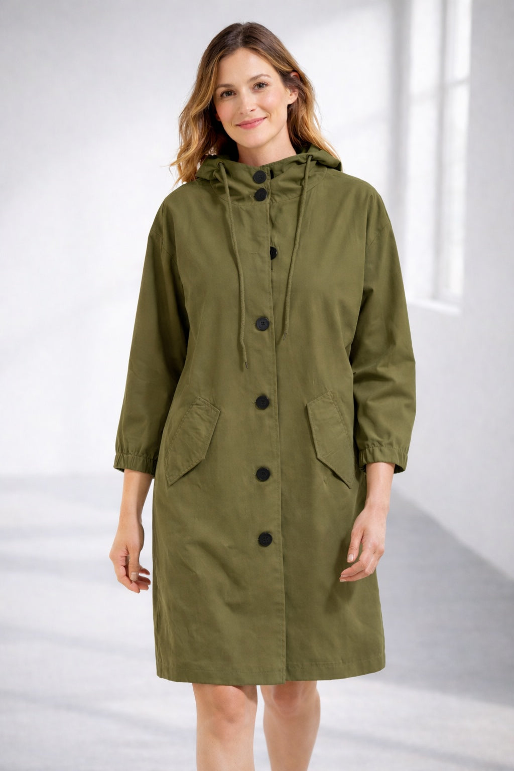 Chaqueta Larga con Capucha Mujer Botones Manga 3/4