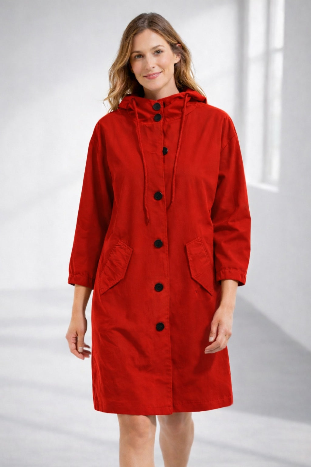 Chaqueta Larga con Capucha Mujer Botones Manga 3/4