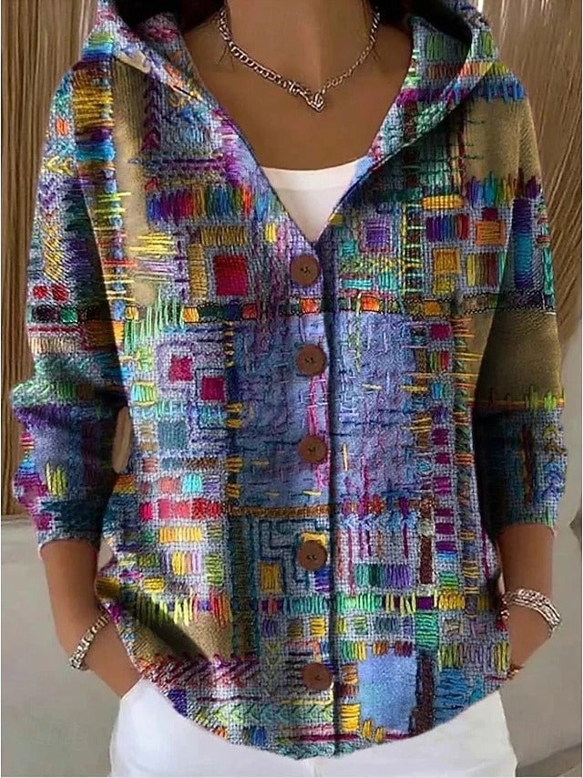 Chaqueta Larga Estampada con Capucha Mujer Botones