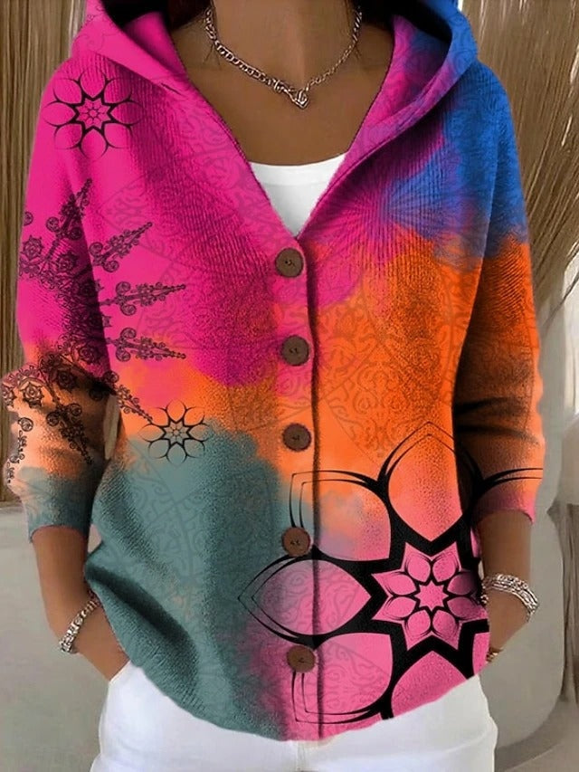 Chaqueta Larga Estampada con Capucha Mujer Botones