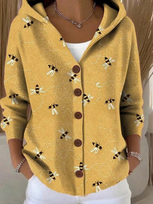 Chaqueta Larga Estampada con Capucha Mujer Botones