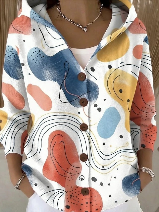Chaqueta Larga Estampada con Capucha Mujer Botones