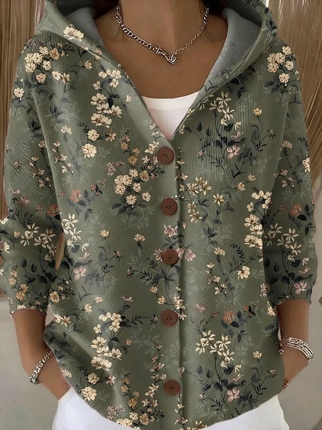 Chaqueta Larga Estampada con Capucha Mujer Botones