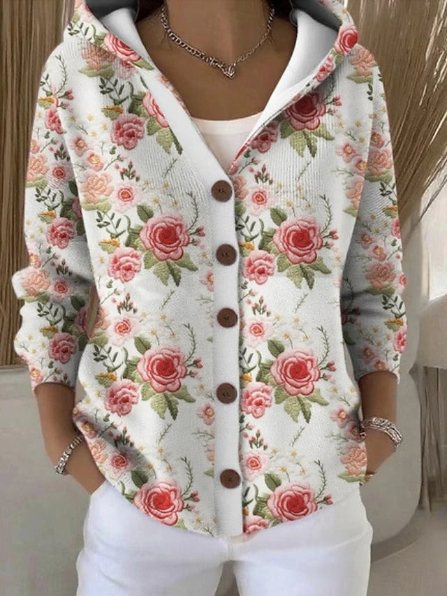 Chaqueta Larga Estampada con Capucha Mujer Botones