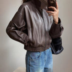 Women's Leather Biker Jacket Elastic Waist Zipper