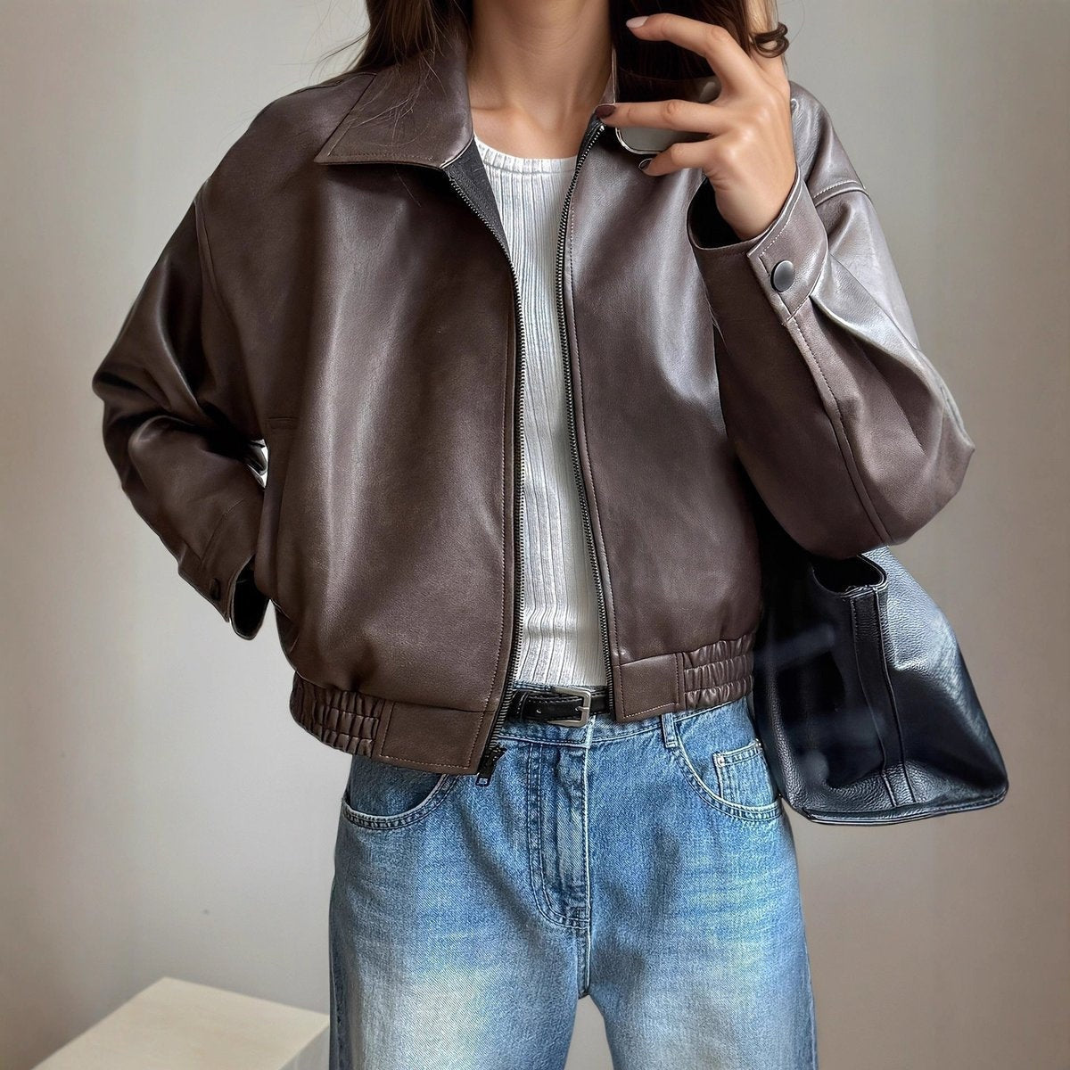 Chaqueta Motera de Piel Mujer Cintura Elastica Cremallera