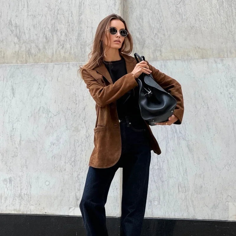 Chaqueta de Ante Mujer Solapa Corte Recto