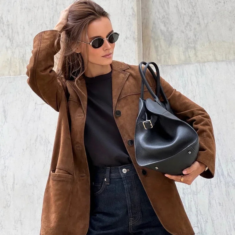Chaqueta de Ante Mujer Solapa Corte Recto