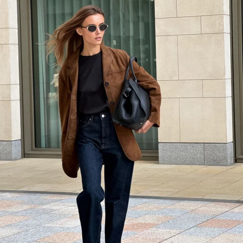 Chaqueta de Ante Mujer Solapa Corte Recto