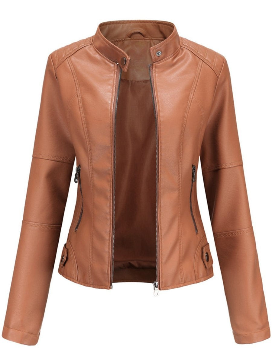 Chaqueta Motera Mujer de Polipiel Cuello Mao Cremallera