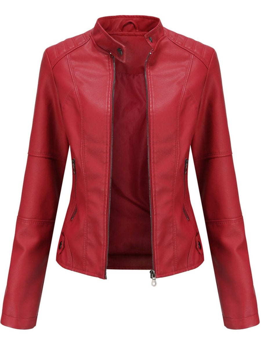 Chaqueta Motera Mujer de Polipiel Cuello Mao Cremallera