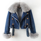Women's Faux Fur Lined Denim Jacket with Fur Collar