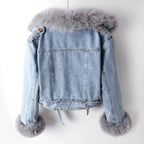 Women's Faux Fur Lined Denim Jacket with Fur Collar