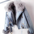 Women's Faux Fur Lined Denim Jacket with Fur Collar