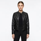 Women's Slim Fit Leather Biker Jacket with Mandarin Collar