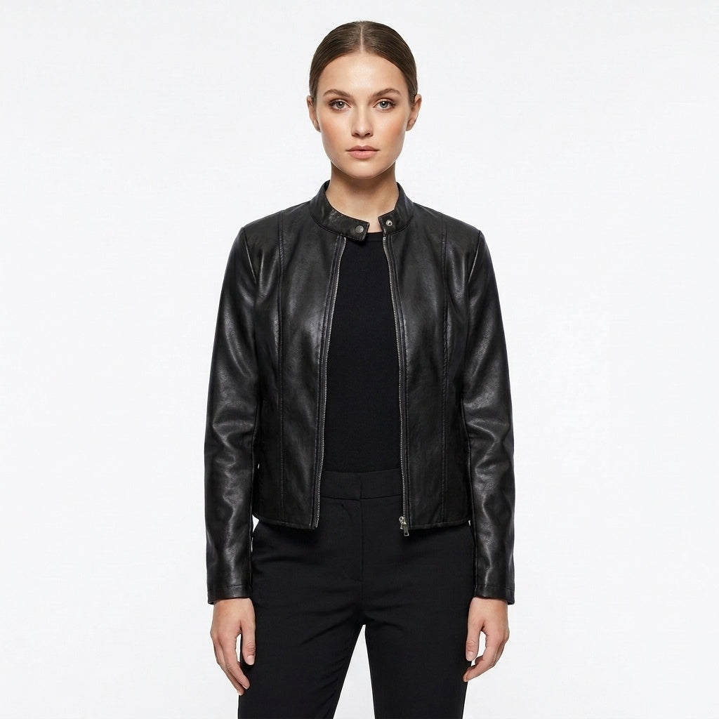 Chaqueta Biker de Cuero Mujer Ajustada Cuello Mao