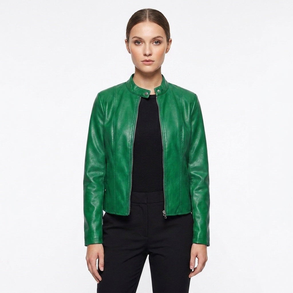 Chaqueta Biker de Cuero Mujer Ajustada Cuello Mao