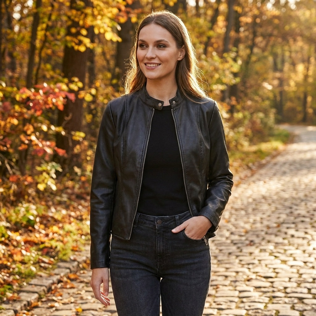 Chaqueta Biker de Cuero Mujer Ajustada Cuello Mao