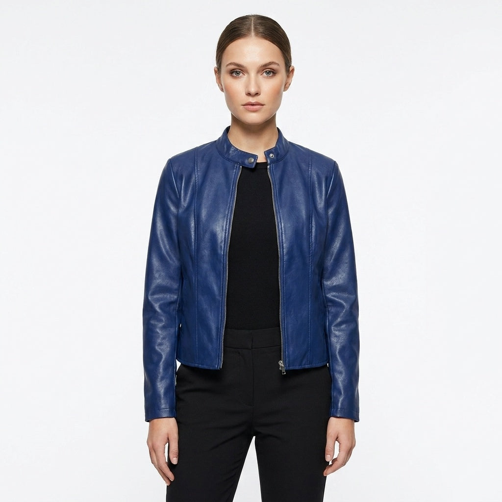 Chaqueta Biker de Cuero Mujer Ajustada Cuello Mao