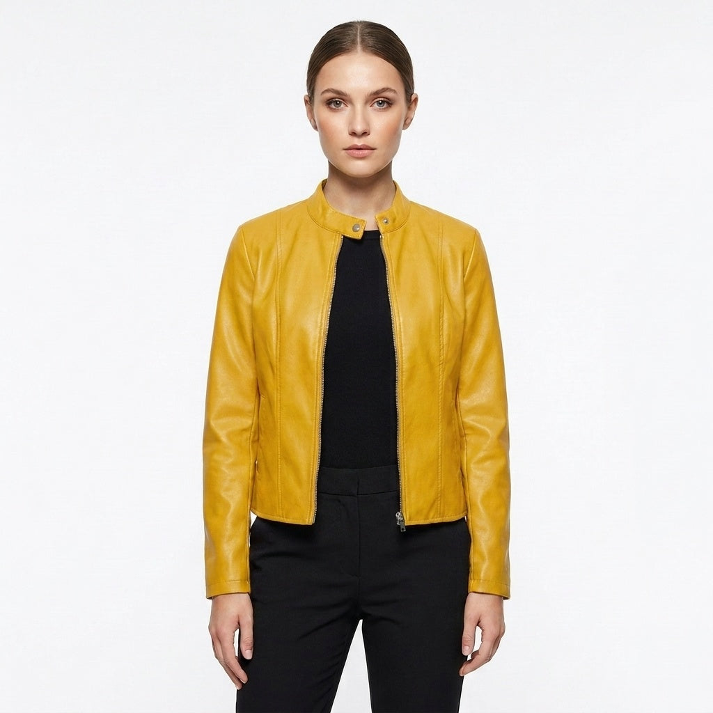 Chaqueta Biker de Cuero Mujer Ajustada Cuello Mao