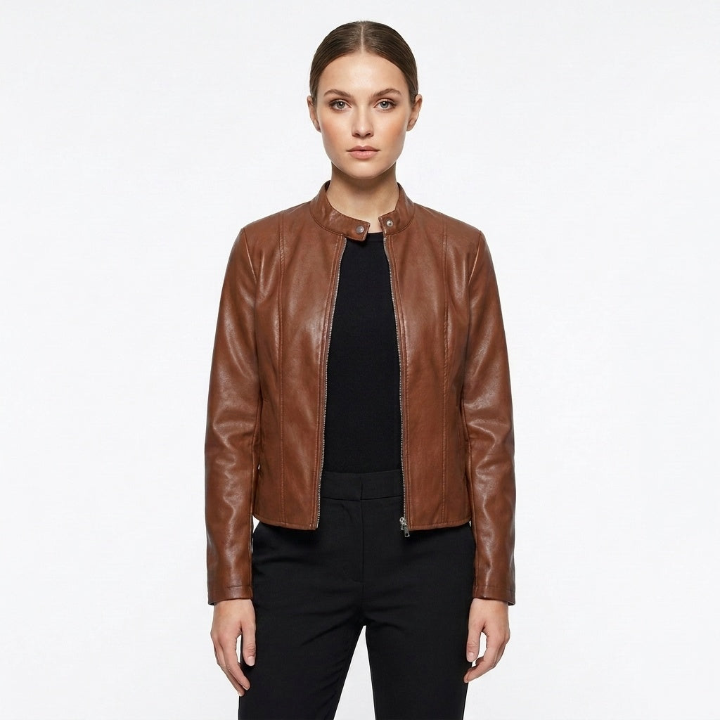 Chaqueta Biker de Cuero Mujer Ajustada Cuello Mao