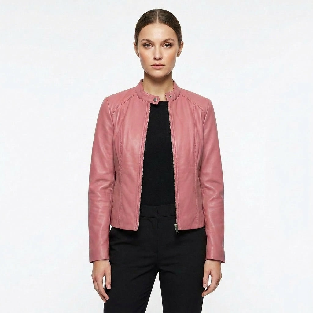 Chaqueta Biker de Cuero Mujer Ajustada Cuello Mao