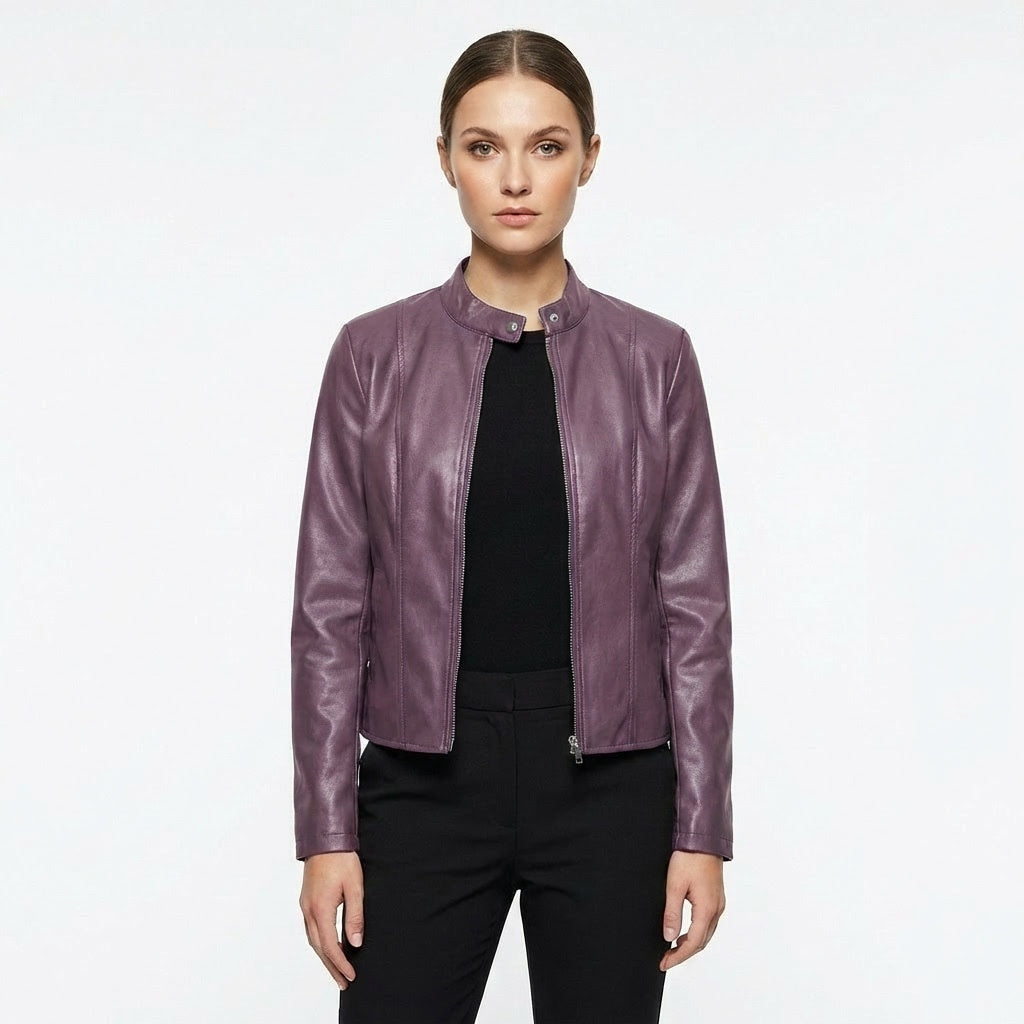 Chaqueta Biker de Cuero Mujer Ajustada Cuello Mao