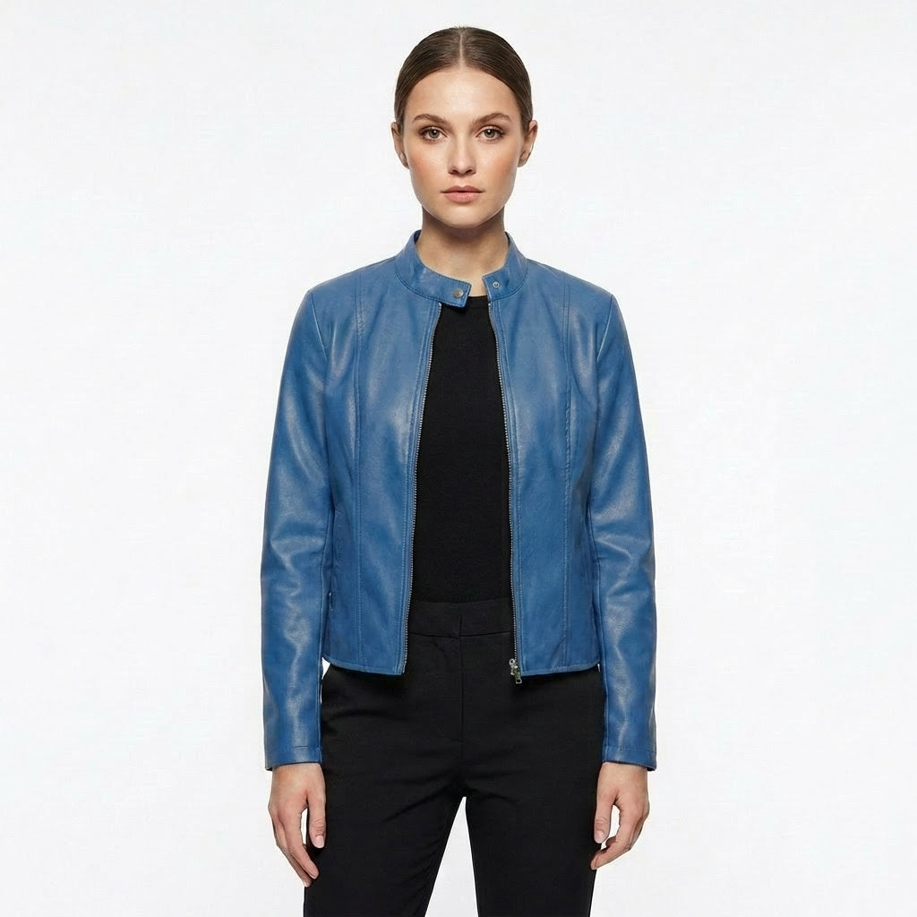 Chaqueta Biker de Cuero Mujer Ajustada Cuello Mao