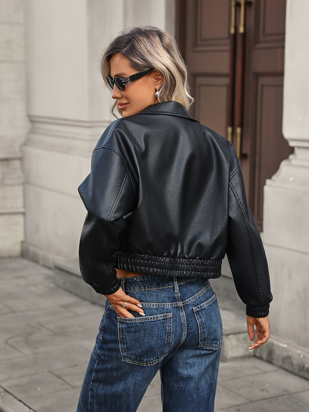 Chaqueta de Cuero Sintético Bomber Mujer Cremallera
