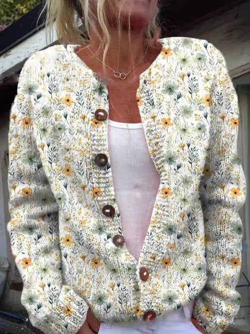 Chaqueta de Punto Estampado Floral Mujer Manga Larga