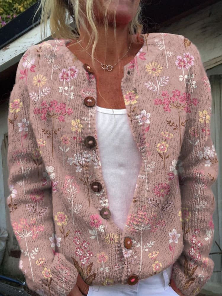 Chaqueta de Punto Estampado Floral Mujer Manga Larga