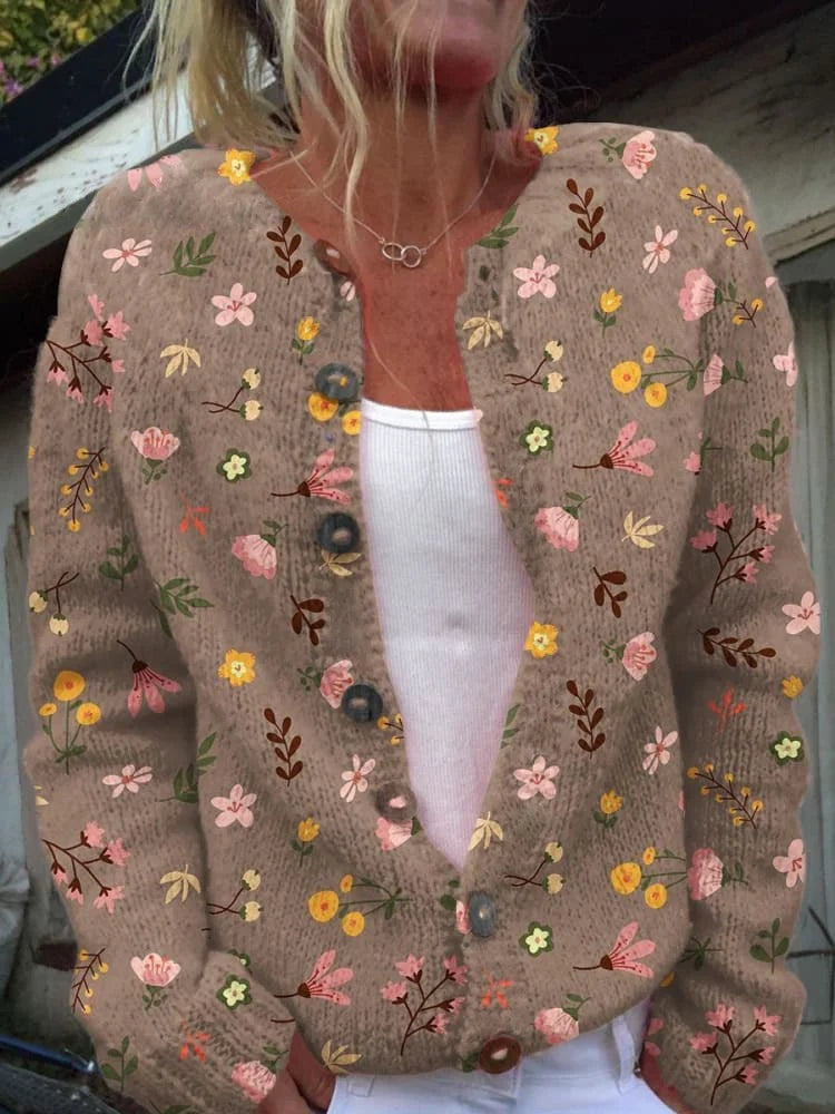 Chaqueta de Punto Estampado Floral Mujer Manga Larga
