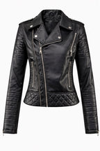 Women's Faux Leather Biker Jacket Quilted Zippers