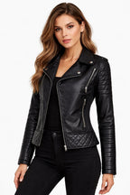 Women's Faux Leather Biker Jacket Quilted Zippers