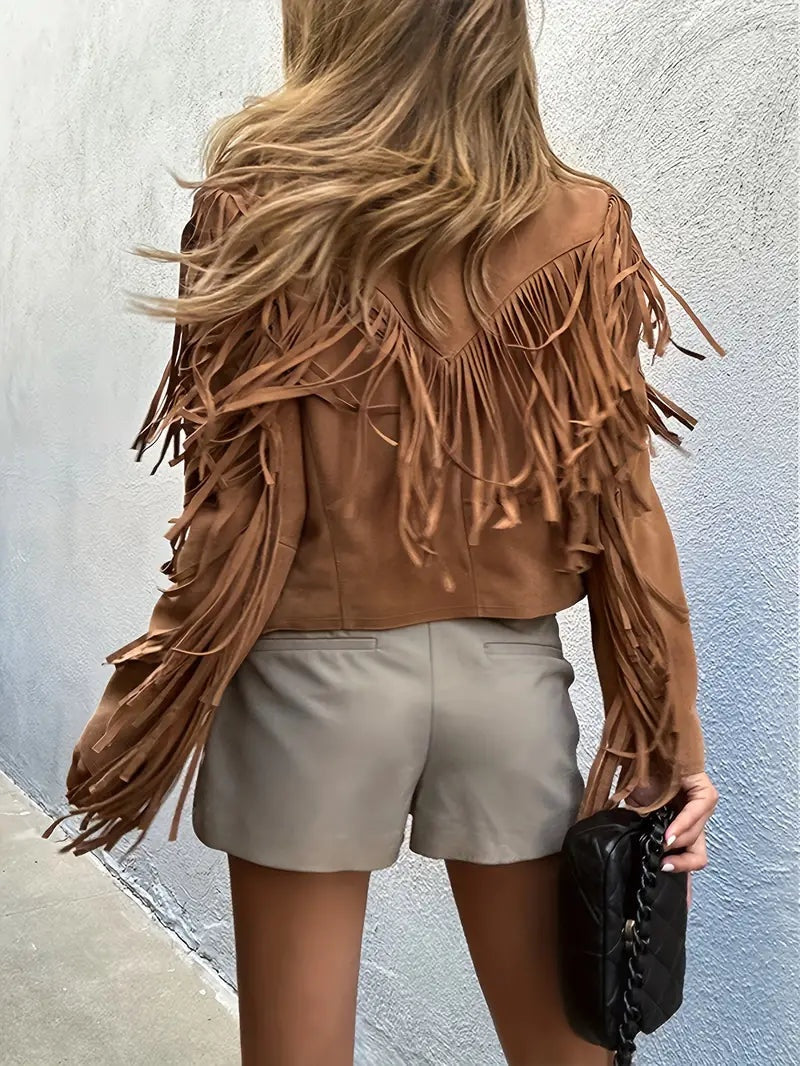 Chaqueta de Ante Mujer con Flecos Boho Corta