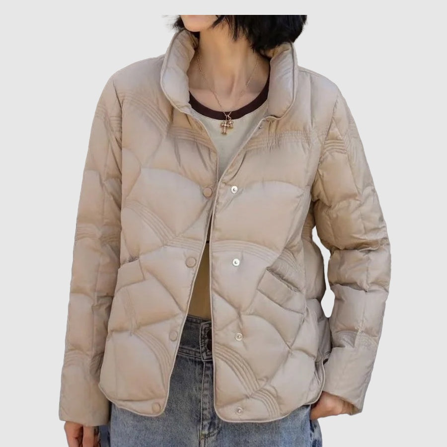 Chaqueta de Plumas Corta Mujer Cuello Alto Botones