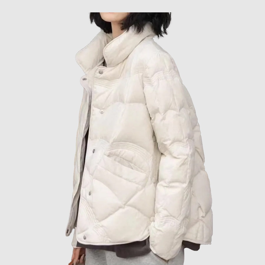 Chaqueta de Plumas Corta Mujer Cuello Alto Botones